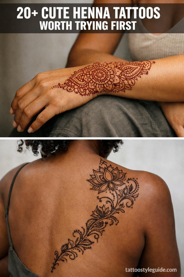 Cute henna tattoos with floral mandala and lotus designs on forearm and back, reddish-brown paste on olive and deep brown skin
