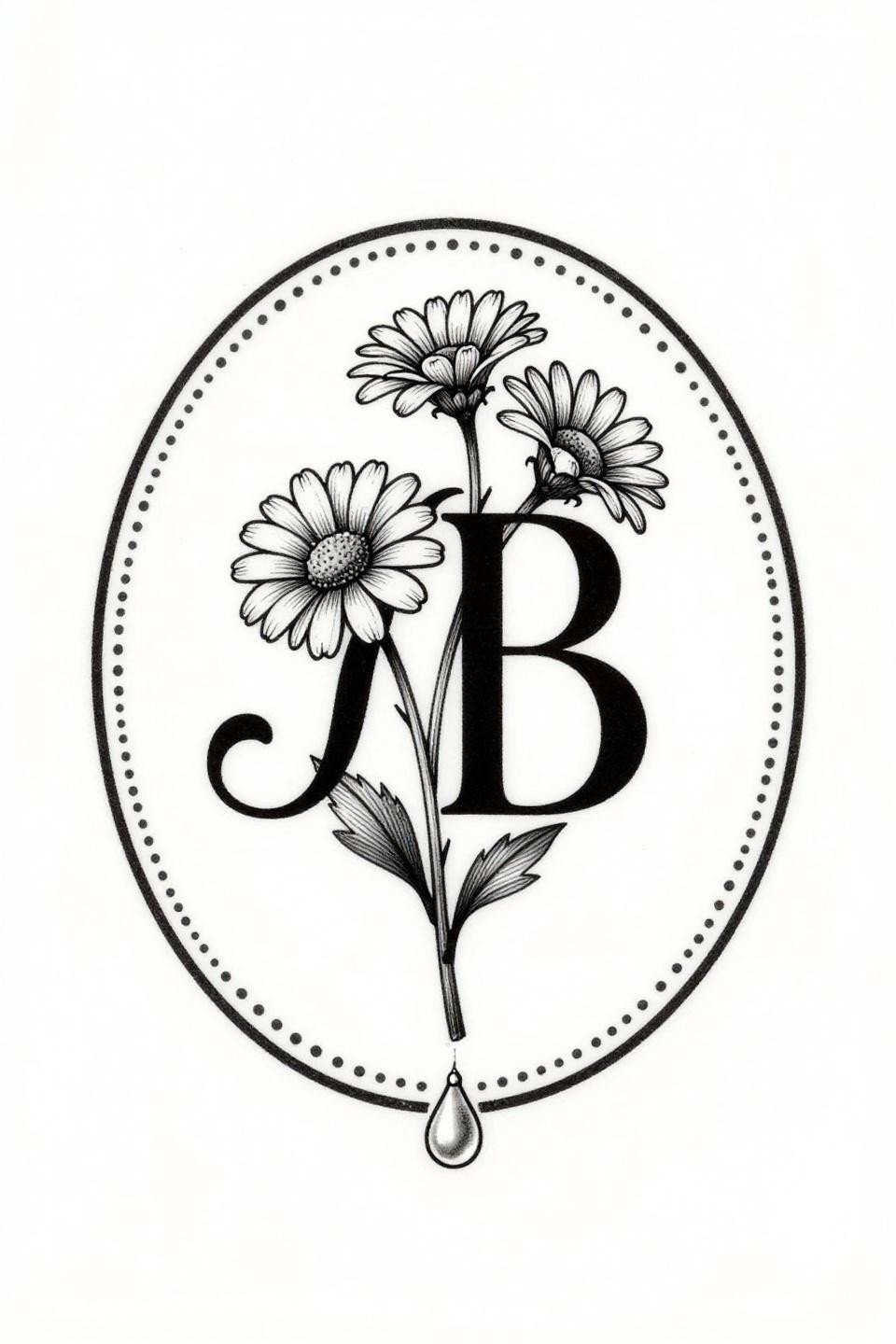 small aesthetic tattoo art deco flash, serif letter R with daisy botanical tendril, circular tondo frame, 0.5pt vector-precision linework, bilateral symmetry, dense black ink