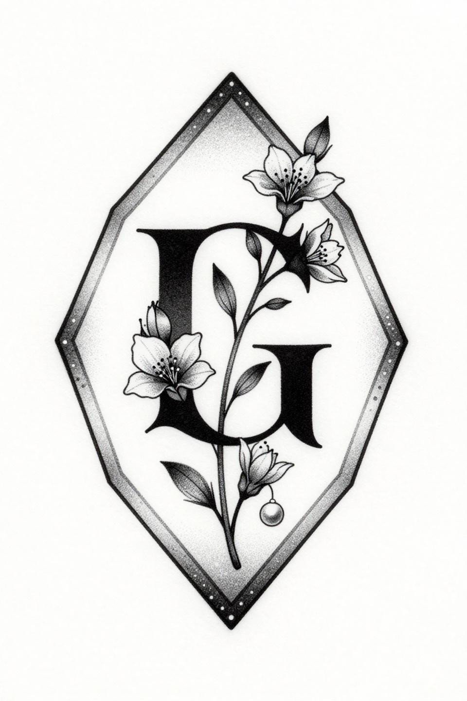 hidden tattoo blackwork dotwork flash, serif letter G with jasmine vine, hexagon frame stippled dot border, open gradient density mapping, grey wash midtones