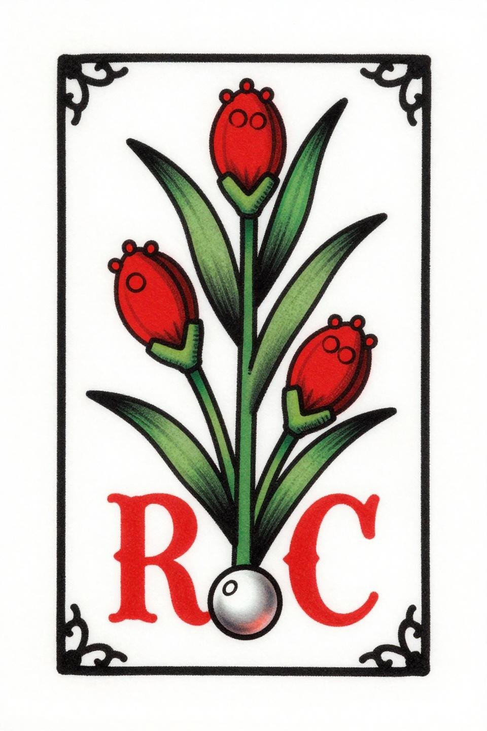 dainty tattoo old school flash, serif letter C with sage seed pods, bold 2-3pt black outlines, flat crimson red accent fills, vertical rectangular frame