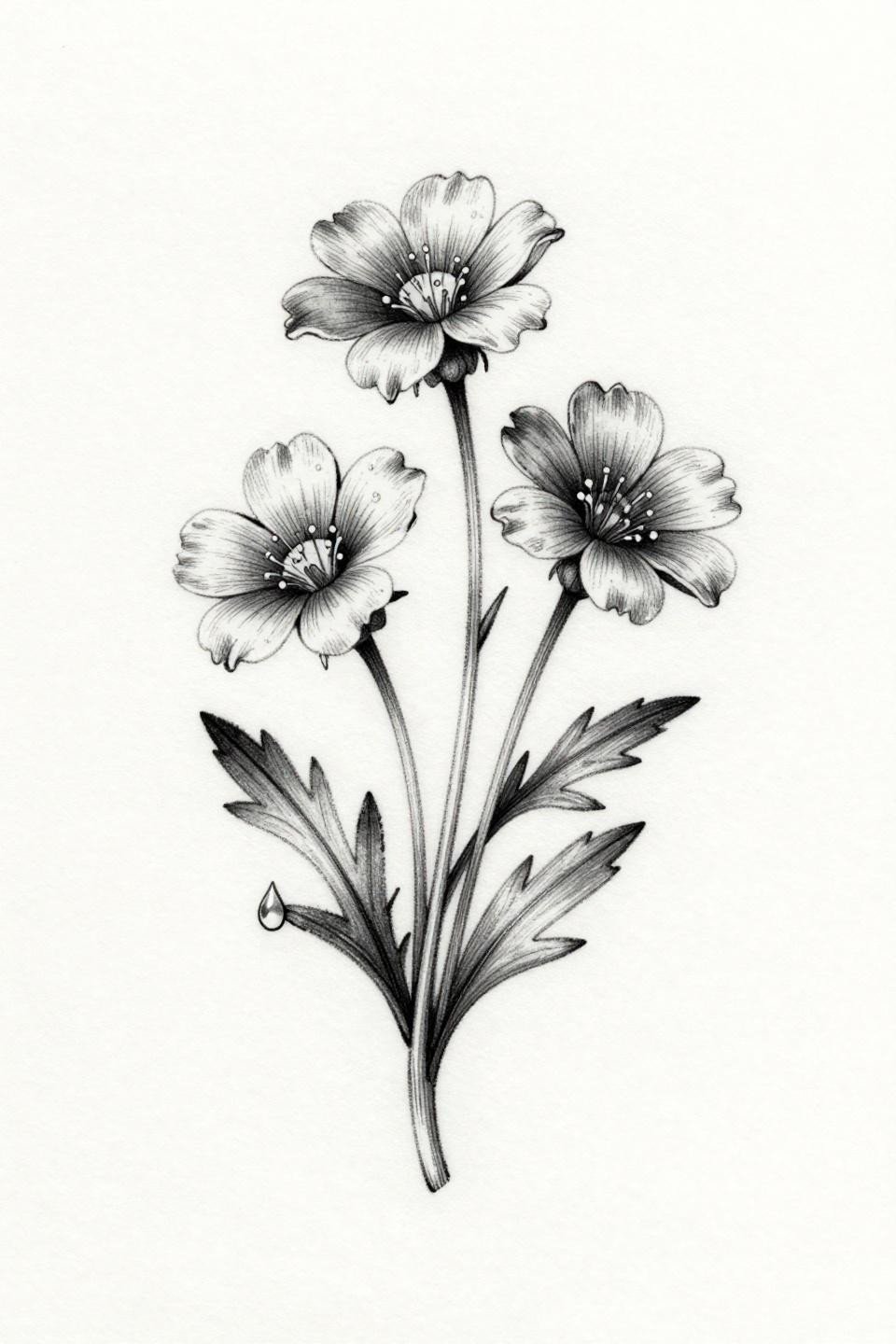 small girly tattoo botanical scientific style flash, wildflower sprig with serrated leaves, dewdrop suspended from petal, hairline 0.5mm single-needle strokes, zero fills, precise weight variation