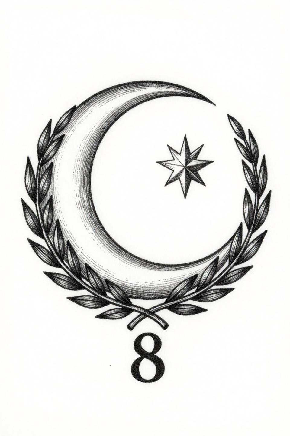 tiny tats with meaning etching woodcut flash, crescent moon with six-pointed star, botanical laurel wreath, serif numeral 8, parallel line crosshatch engraving, grey wash midtones, circular mandala