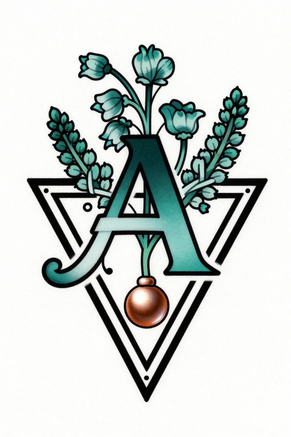 classy tattoo Celtic knotwork flash, serif letter A with heather sprigs, bold angular triangular frame, deep teal and copper metallic fills, interlaced knot border