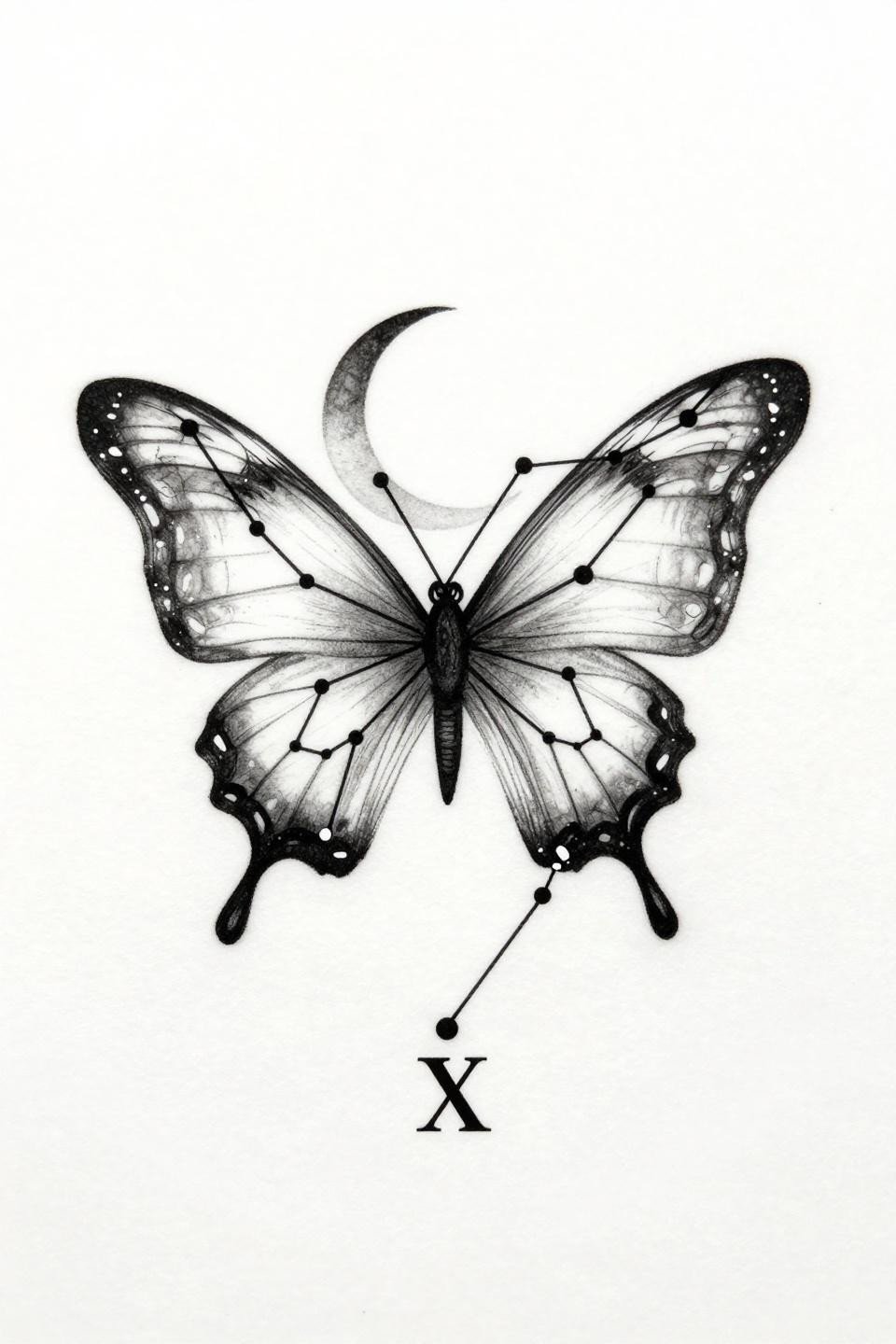 classy tattoo single continuous line flash, constellation butterfly silhouette, crescent moon between wings, Roman numeral IX, diamond composition, hairline 0.5mm single-needle strokes