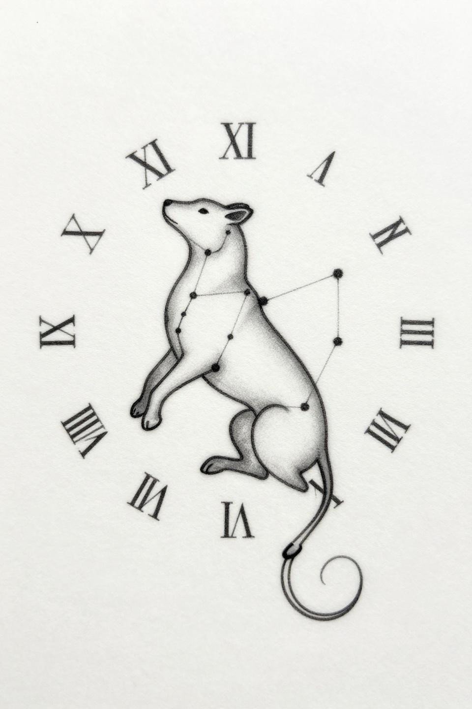 small aesthetic tattoo single continuous line flash, constellation map forming abstract animal silhouette, one unbroken hairline path, Roman numerals at cardinal points, circular mandala, 0.5mm single-needle strokes