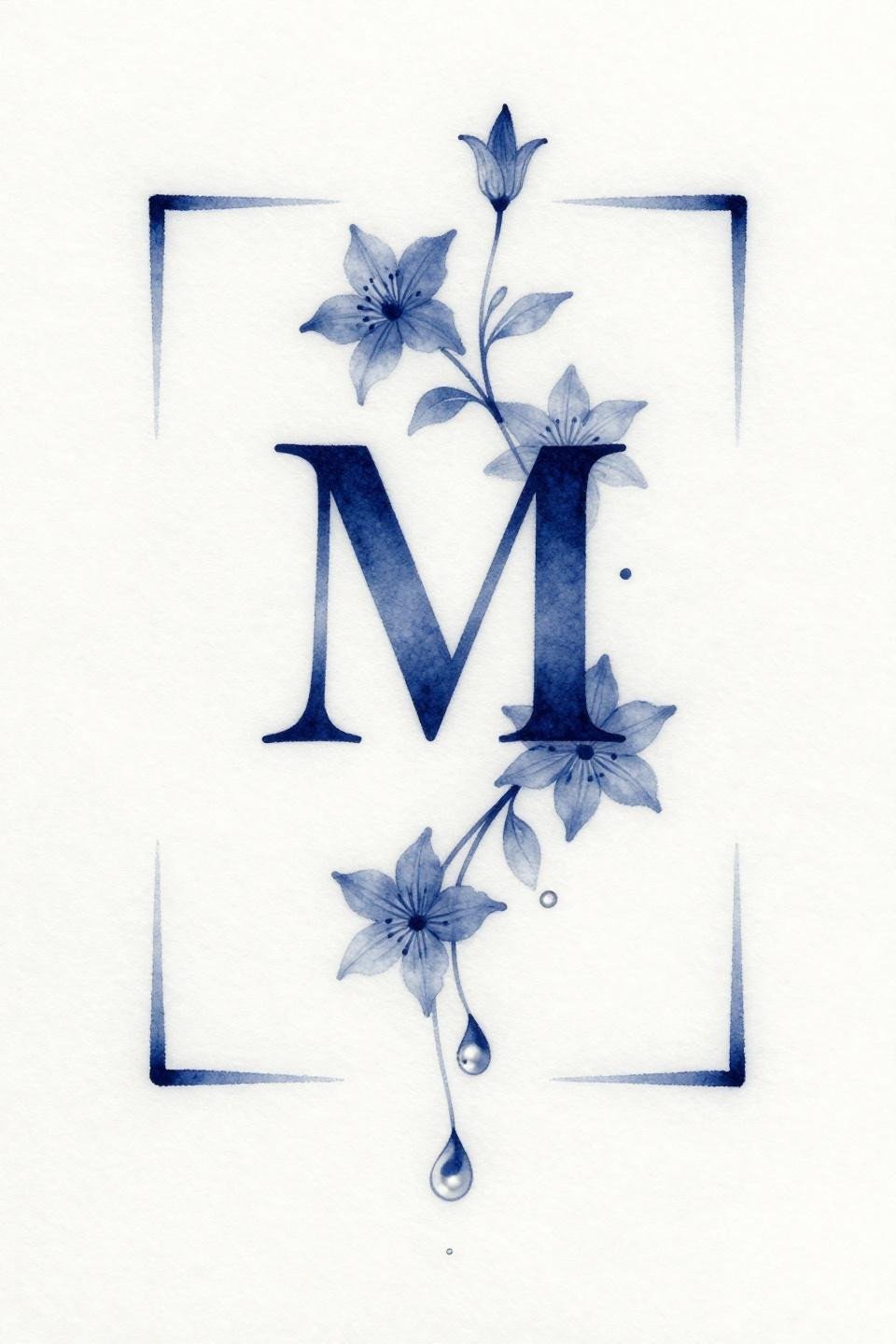 small girly tattoo watercolor splash style flash, serif letter M with clematis star blooms, soft navy blue watercolor wash, minimalist square frame, pearl teardrop base