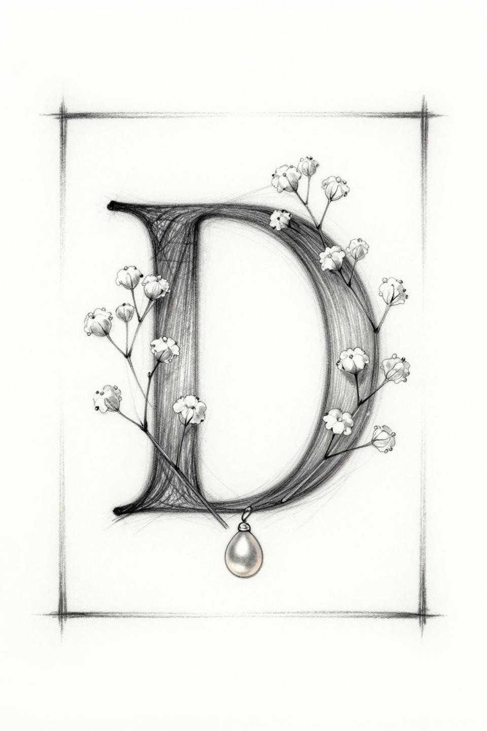 elegant tattoo sketch raw style flash, serif letter D with baby's breath florets, loose pencil linework, grey wash dilution hatching, horizontal rectangular frame