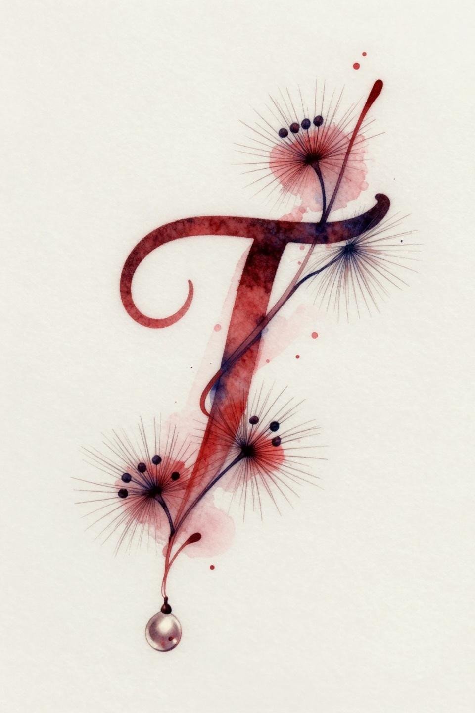 small dainty tattoo watercolor splash style flash, serif letter T with milkweed vine, crimson watercolor bleed behind deep indigo outlines, diagonal asymmetric composition
