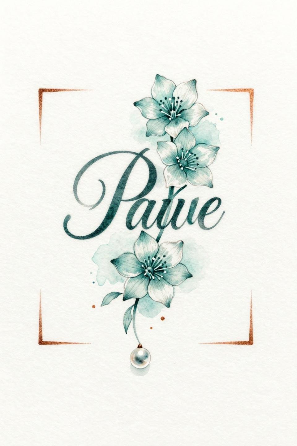 small baddie tats watercolor flash, serif letter P with jasmine star blooms, teal watercolor bleed, copper metallic pearl accent, minimalist square frame