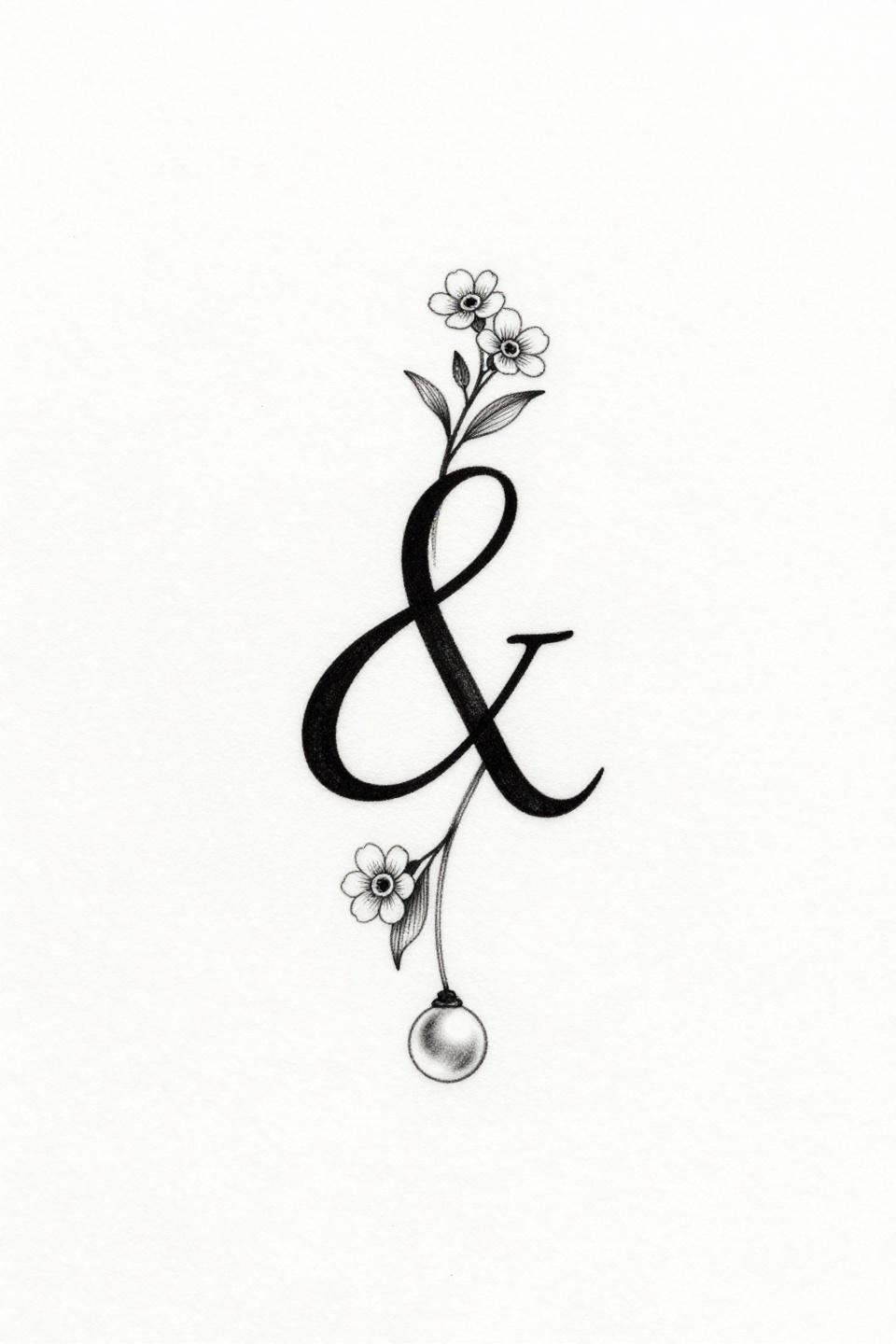 small meaningful tattoo fine line minimal flash, lowercase script ampersand with forget-me-not botanical vine, suspended pearl, hairline 0.5mm single-needle strokes, zero grey wash, pure line contrast