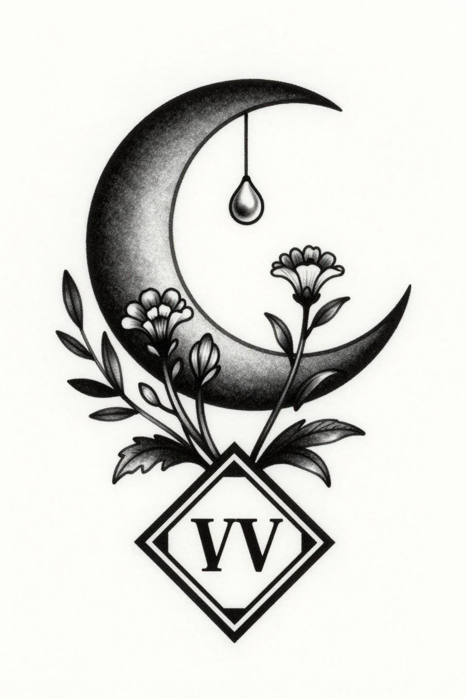 elegant tattoo tribal geometric flash, crescent moon with botanical wildflower vine, Roman numeral IV, bold diamond frame with tribal angular border, 2-3pt outlines, flat black fills