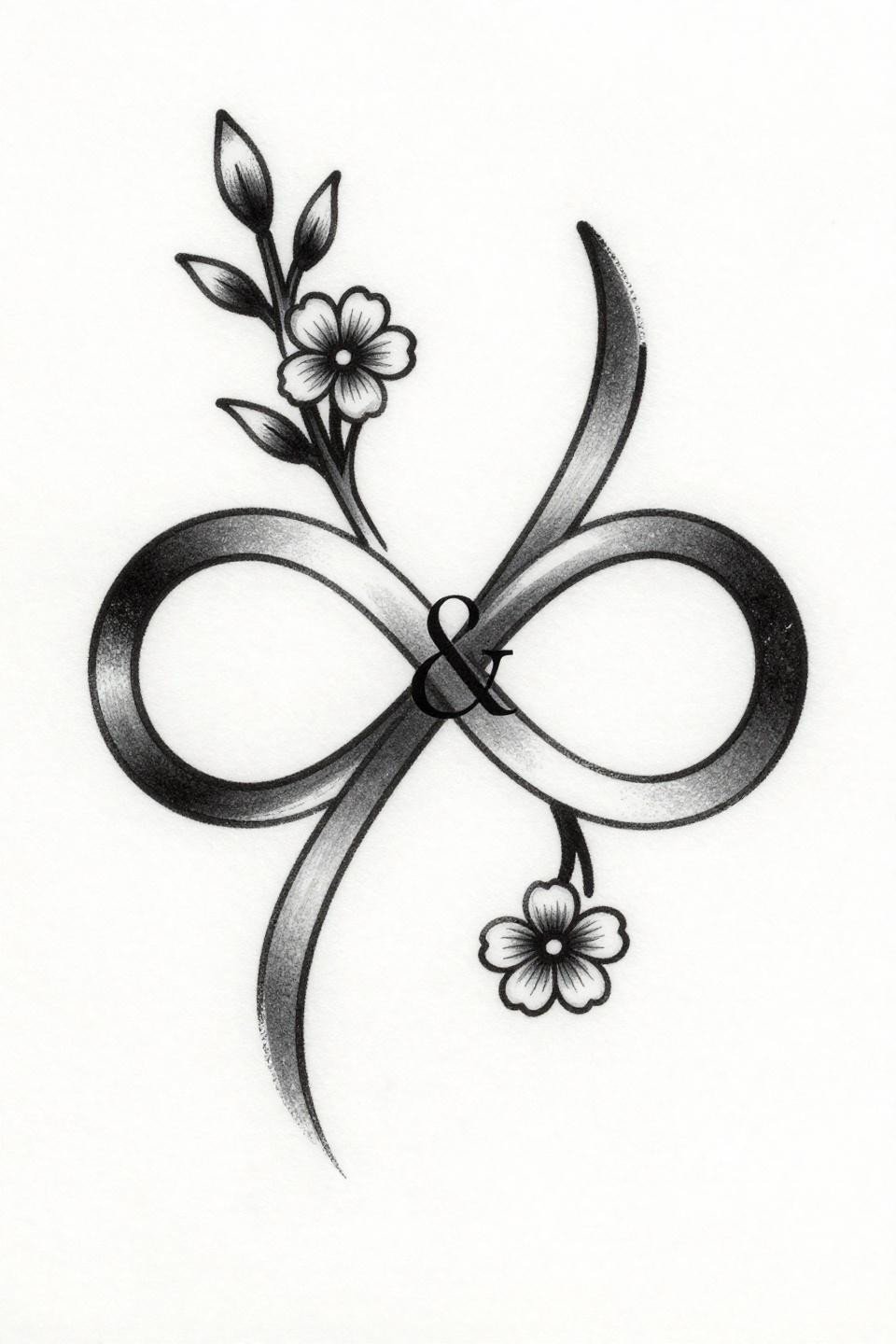 small dainty tattoo neo-traditional flash, infinity symbol with botanical five-petaled flowers, serif ampersand within loop, 2pt black outlines, grey wash midtone fills, horizontal asymmetric composition