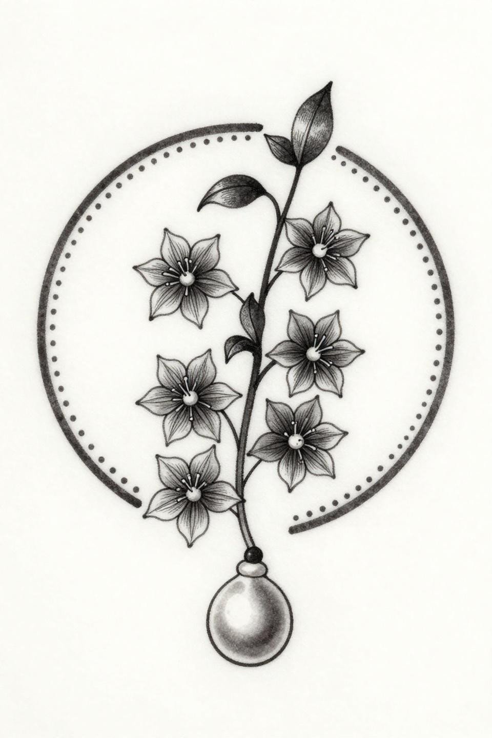 dainty tattoo ideas Japanese Irezumi flash, serif letter B with clematis star blooms, circular mandala frame, brush ink calligraphic marks, grey wash midtone dilution