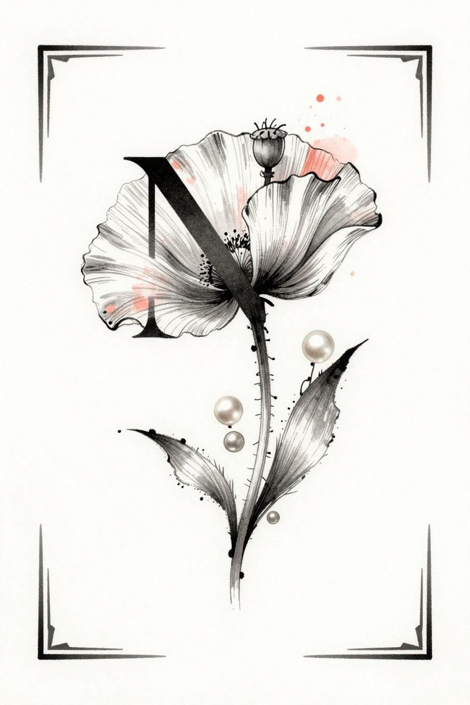 tiny tats with meaning watercolor flash, serif letter N with poppy seedpod stem, coral watercolor bleed, pearl beads cascading right margin, minimalist rectangular frame