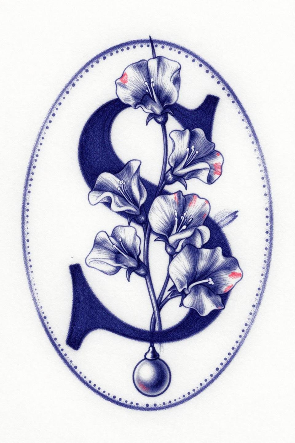 small meaningful tattoo ignorant style flash, serif letter S with sweet pea blooms, hand-drawn circular frame, deep indigo and crimson fills, gestural whip shading