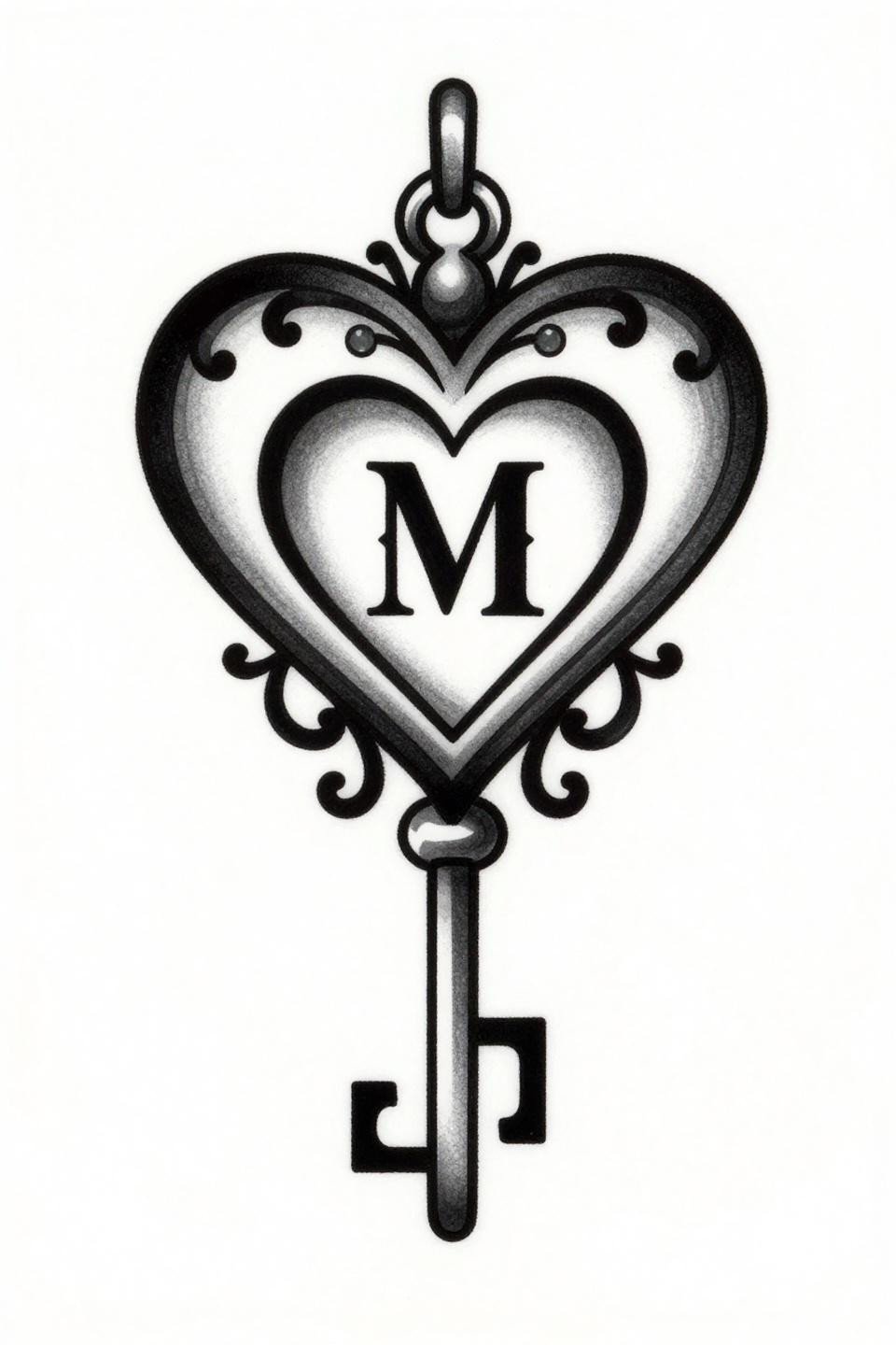 small baddie tats art nouveau flash, ornamental locket with filigree curves, heart keyhole, serif initial M, flat black fills with white detail channels, single chain link base, centered vertical composition