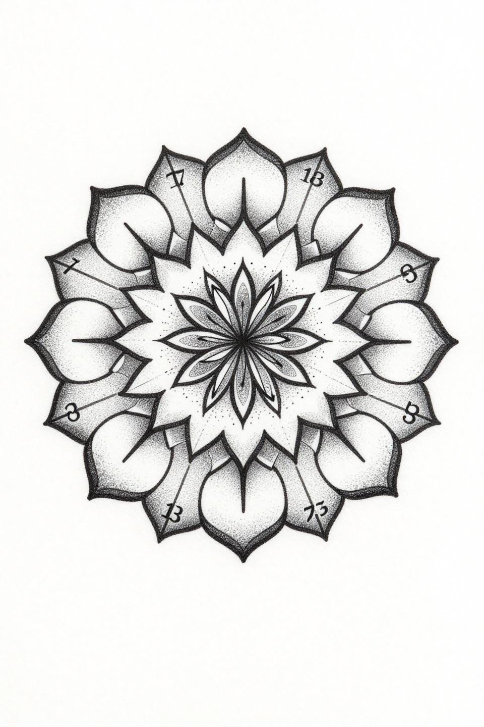 dainty tattoo ideas fine line minimal flash, geometric mandala interlocking petals, stipple dot gradient radiating spokes, numerals 7 and 13 at cardinal points, no solid fills, grey via dot density