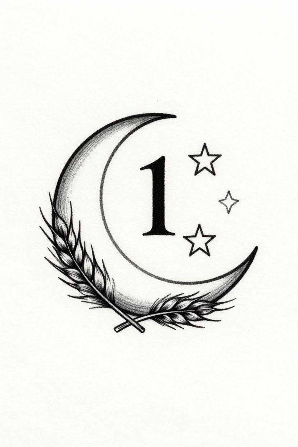 hidden tattoo fine line minimal flash, crescent moon with three descending stars, serif numeral 11, botanical wheat sprigs, hairline 0.5mm single-needle strokes, no grey wash, crisp open negative space