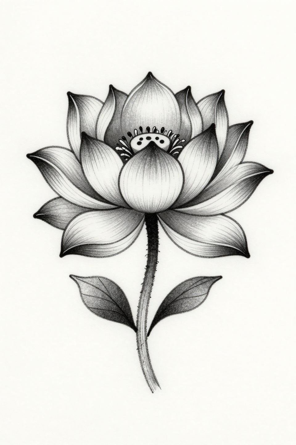 dainty tattoo placement ideas lotus botanical fine line, 0.5mm single needle hairline strokes, grey wash dilution midtones, curved stem opposing leaves, white paper