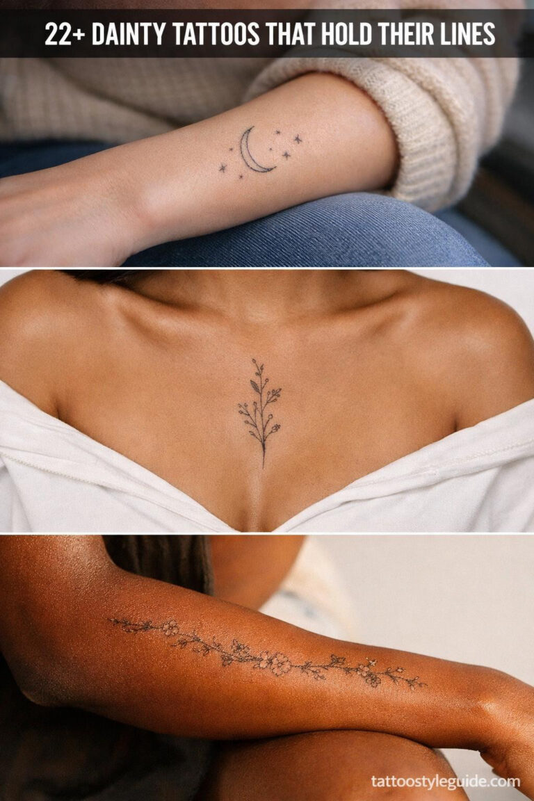 Dainty fine line tattoos on three skin tones, crescent moon wrist, sternum botanical, forearm floral chain, 0.5mm hairline ink settled permanently