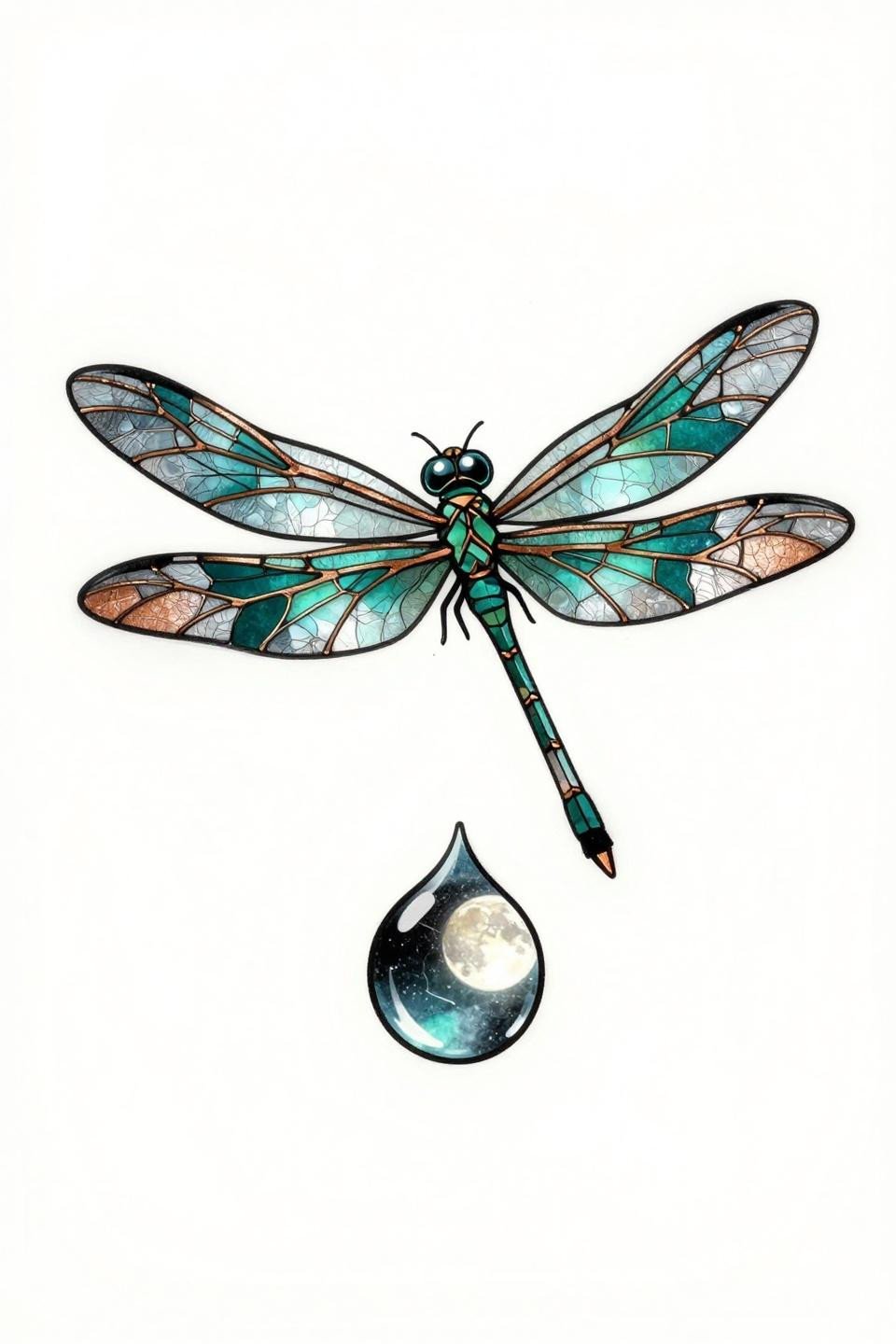 small dragonfly tattoo art deco flash, stained glass geometric wing panels bold black outline, deep teal gradient segments copper metallic vein detail on white paper