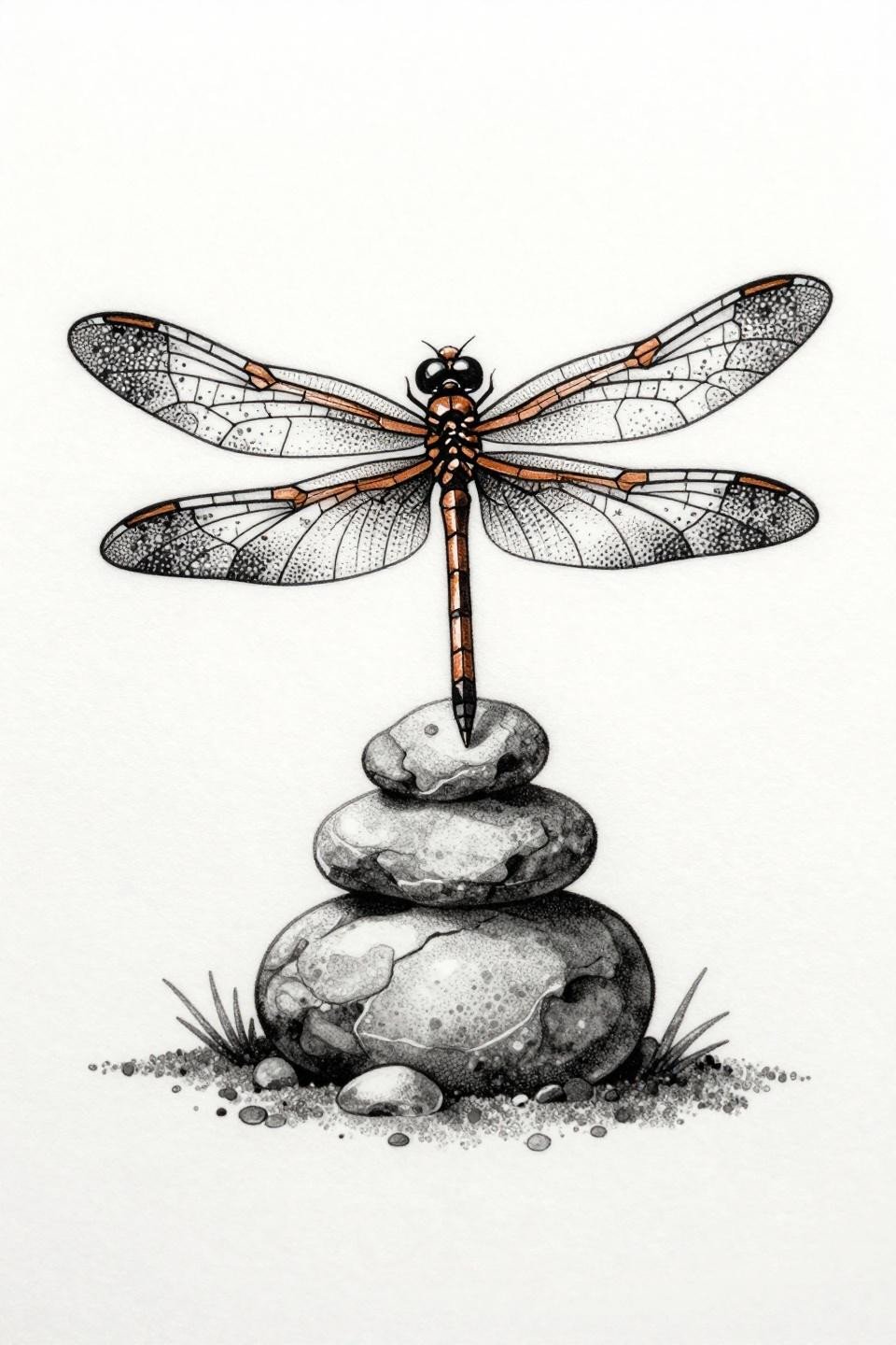 dragonfly tattoo blackwork dotwork flash, stipple dot gradient dense core to open edges, geometric stained glass wing panels, cairn perch on white paper