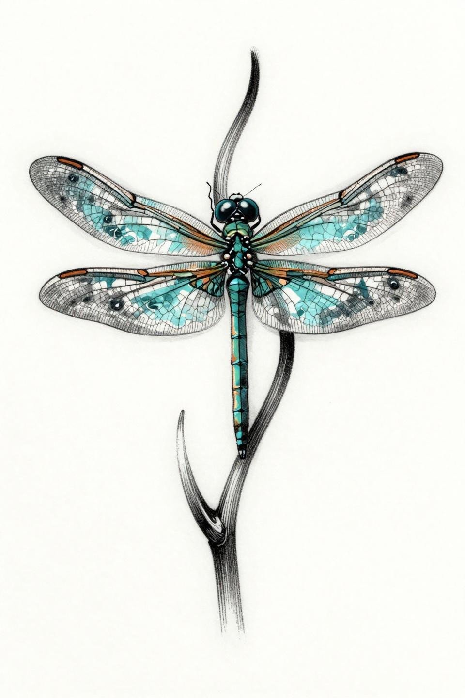 dragonfly tattoo whimsical fine line botanical scientific flash, hairline etching crosshatch shading, transparent veined wings water ripple pattern, aquatic stem perch deep teal ink on white paper