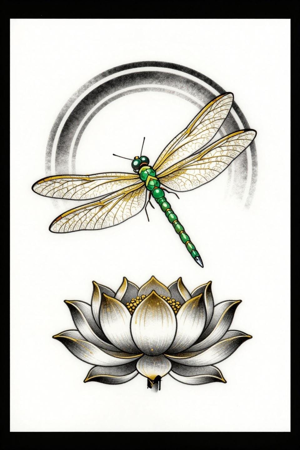 dragonfly tattoo Japanese Irezumi flash, bold 2-3pt black outline, gold leaf vein mapping, emerald jeweled abdomen segments, lotus bud circular mandala composition on white paper