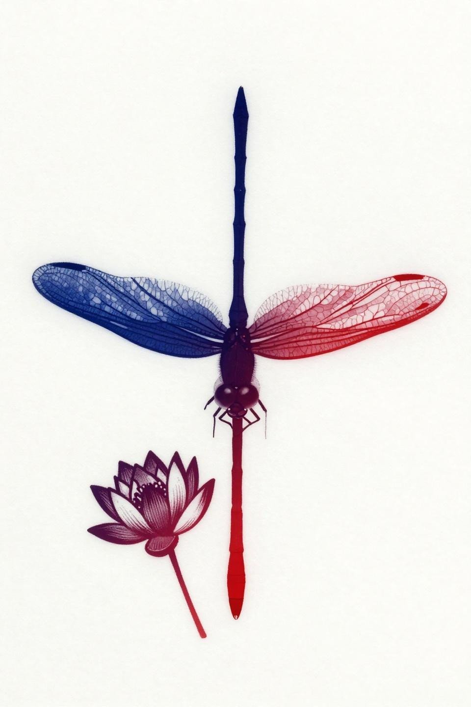 dragonfly tattoo minimalist negative space flash, deep indigo to crimson abdomen gradient, open white wing negative space sparse vein suggestion, water lily profile on white paper