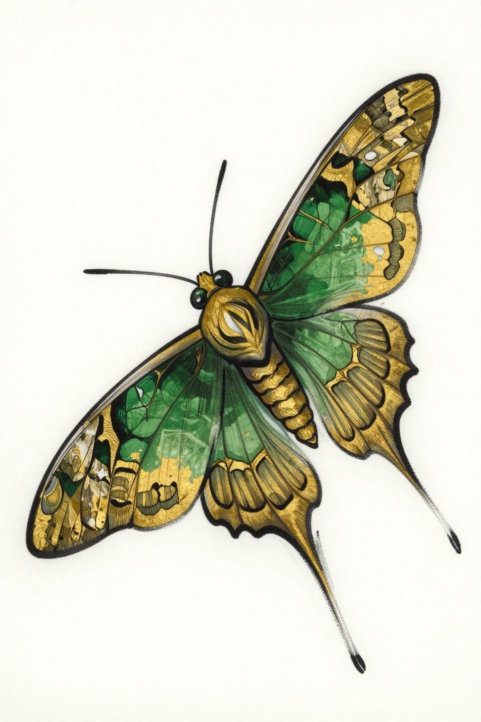 moth tattoo art nouveau flash, split asymmetric wings detailed vein mapping versus geometric facets, forest green flat gold fills bold black outline on white paper