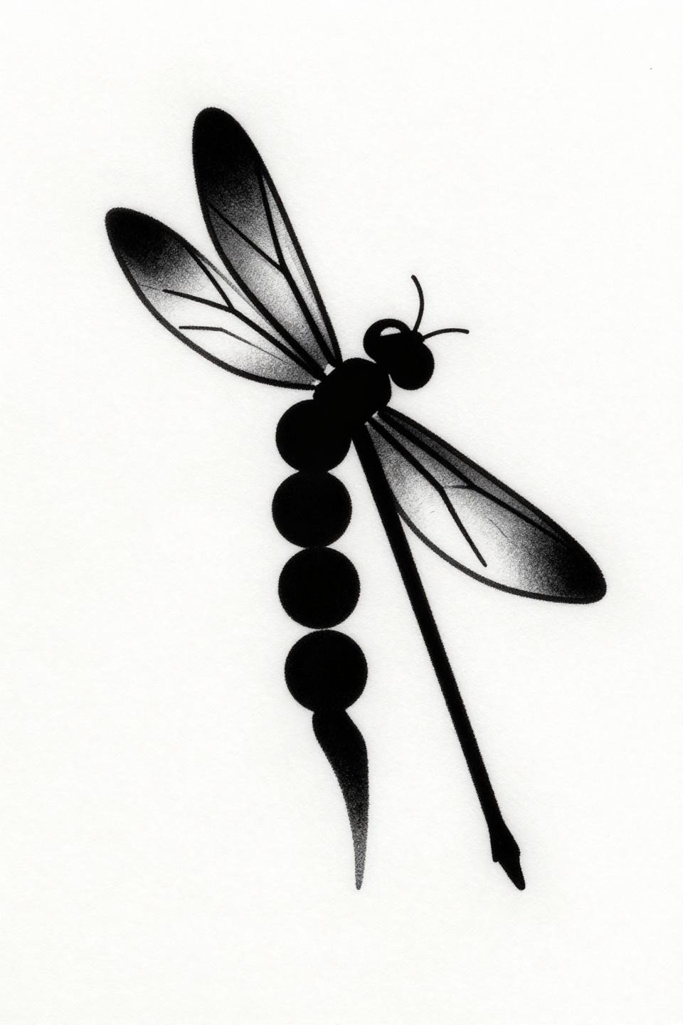 rib tattoo placement ideas dragonfly art deco, bold 2-3pt black outlines, flat black fills, three stacked geometric circles, single horizontal wing, zero interior detail on white paper