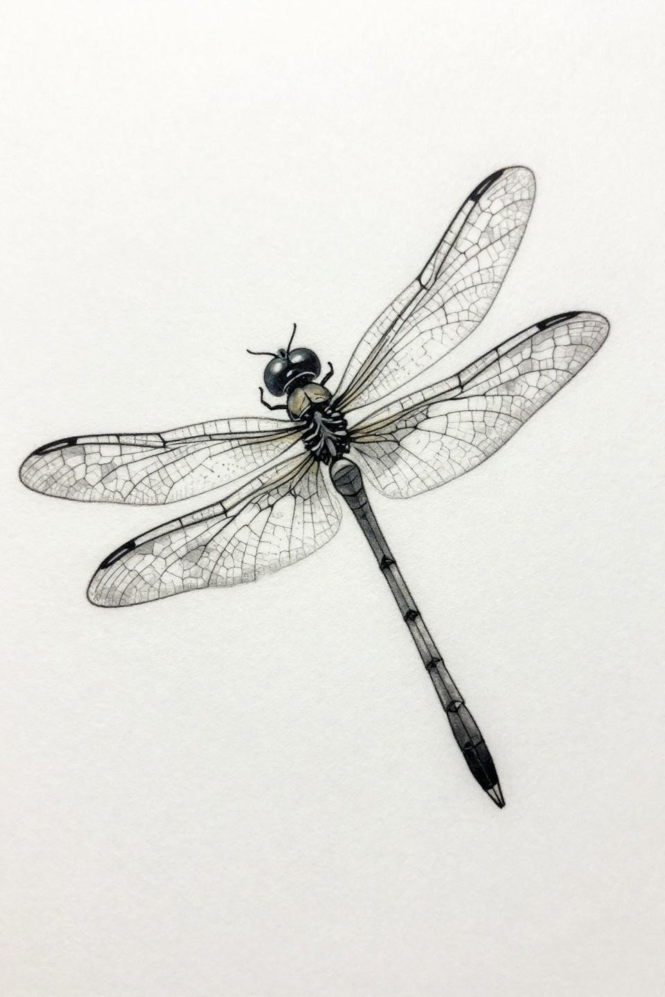 tattoos placement for women dragonfly fine line dorsal view, 0.5mm single needle hairline strokes, geometric wing vein tracery, segmented abdomen grey wash, centered on white paper