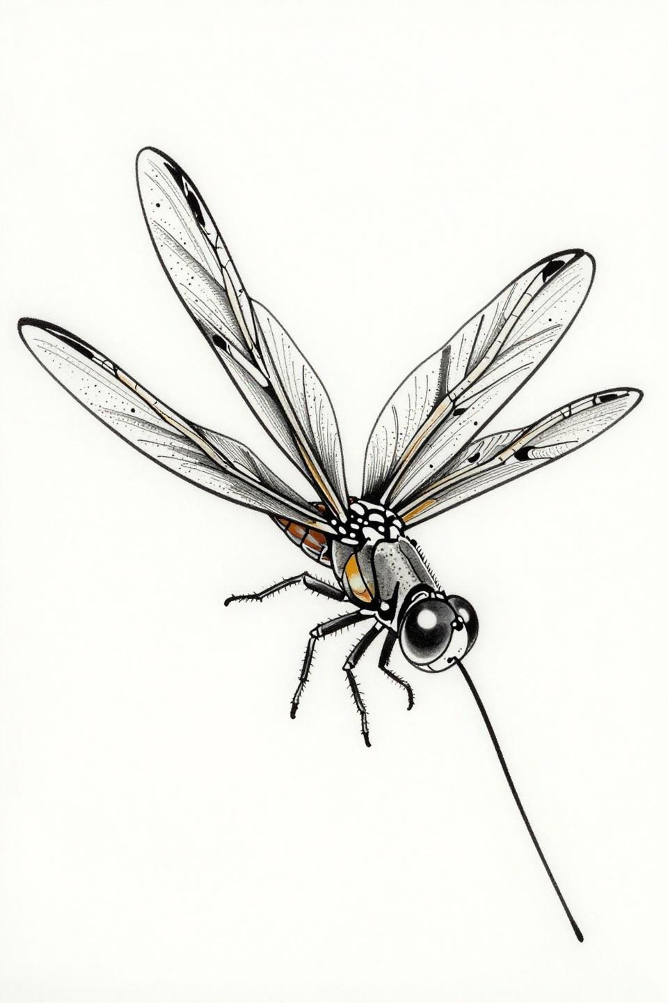 dragonfly tattoo placement irezumi Japanese style, bold 2-3pt black outlines, flat ink fills, dynamic diagonal flight, segmented abdomen, no grey wash on white paper