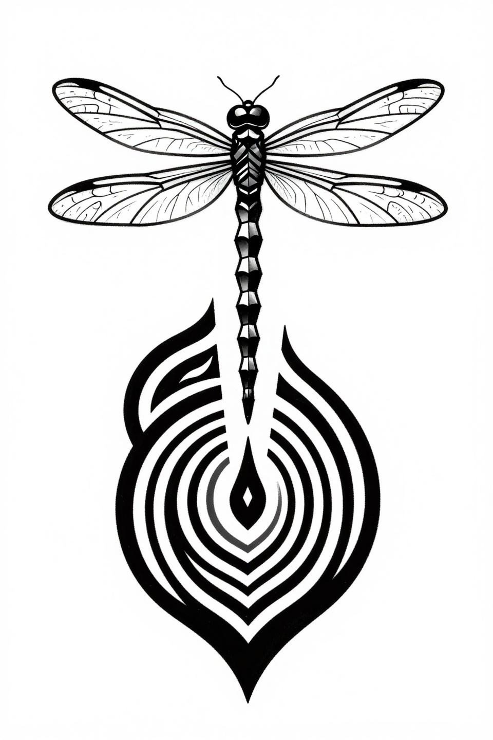 dragonfly tattoo tribal geometric flash, bilateral wing symmetry angular vein tracery, bold black flat fills, concentric ripple rings lily pad base on white paper