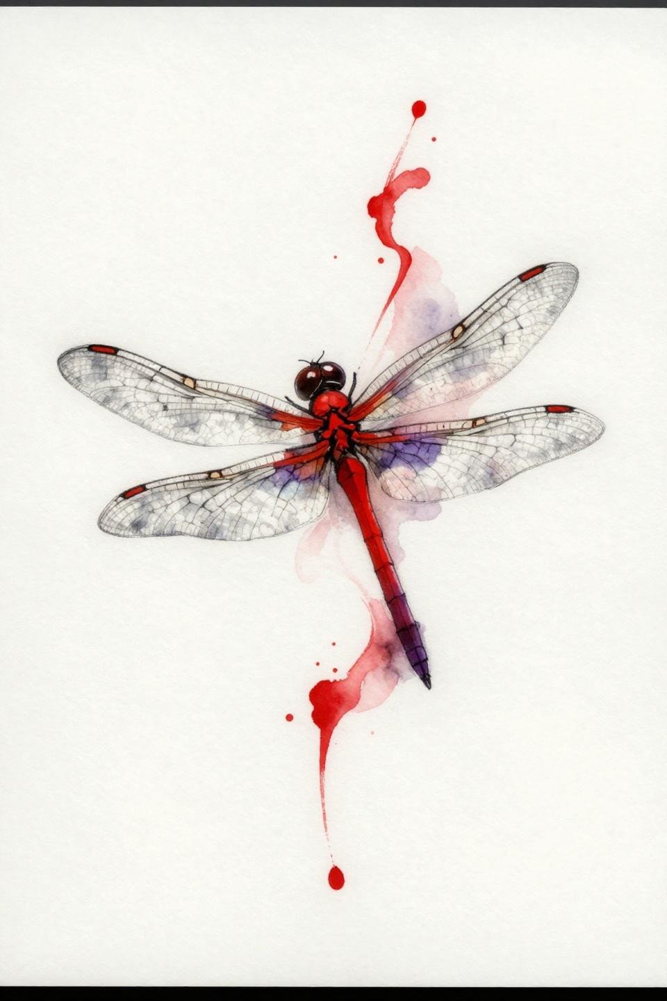 dragonfly tattoo watercolor flash, crimson red diffusion bleeding beyond black linework, ruby thorax deep plum abdomen, translucent ink-washed wing forms on white paper