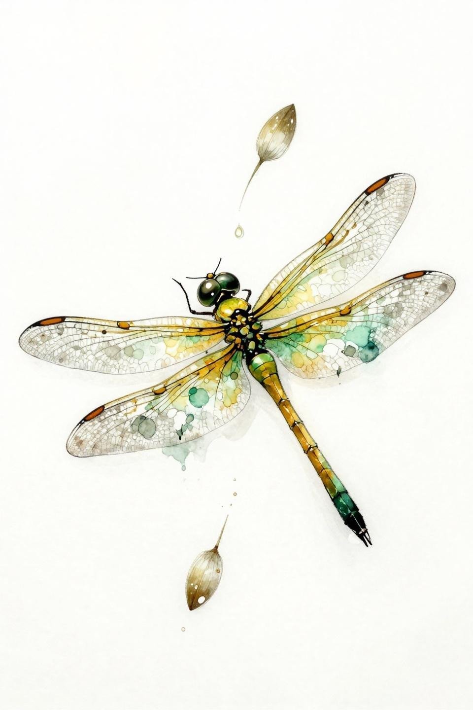 dragonfly tattoo watercolor flash, forest green to gold abdomen gradient, opalescent ink-wash wings, seed pod silhouettes wet color bleed on white paper