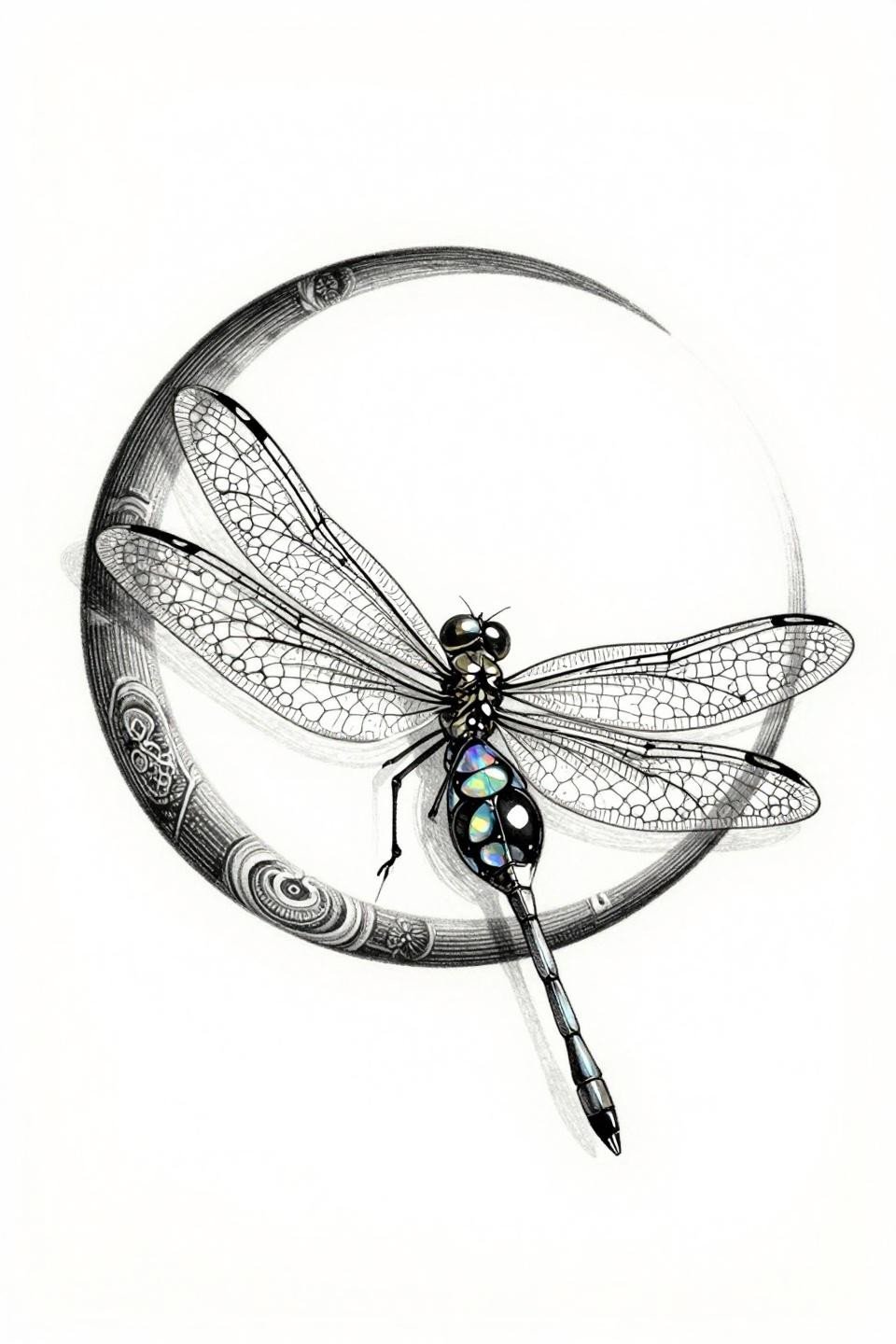 dragonfly tattoo woodcut etching style flash, crosshatch parallel-line engraving, crescent moon mandala frame, obsidian thorax grey wash midtones on white paper