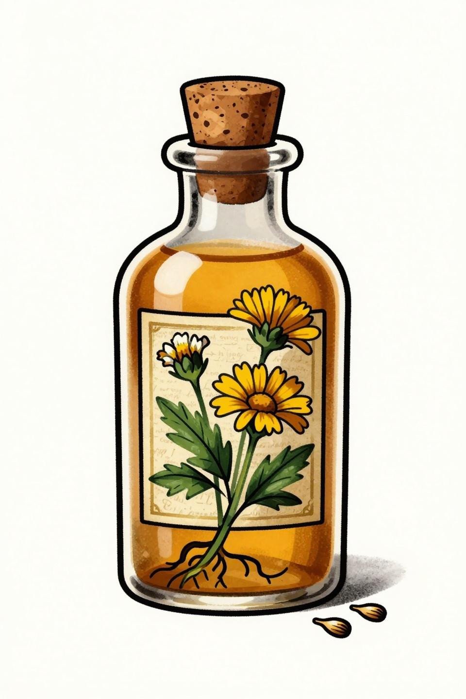earthy tattoo ideas flash, traditional American style, vintage apothecary amber bottle cork stopper chamomile calendula botanical label root tendrils, bold 3pt outlines flat amber forest green golden yellow fills