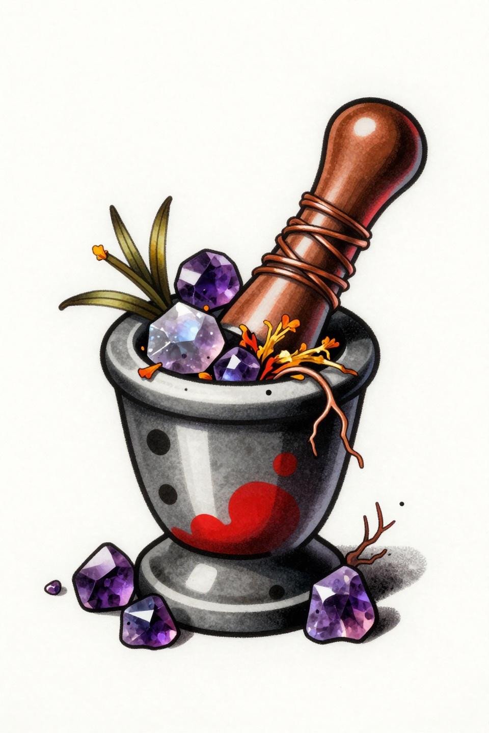 hippie earthy tattoo flash, trash polka style, mortar crushed moonstone calendula pestle amethyst geodes botanical roots, geometric voids ink splatters bold crimson black fills