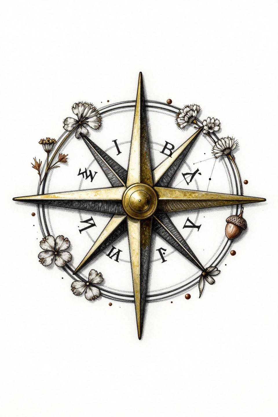 ethereal earthy tattoo flash, ignorant style, vintage brass compass rose off-axis cardinal runes pressed botanical sprigs constellation map acorn seeds, wobbly thick outlines irregular flat fills grey wash