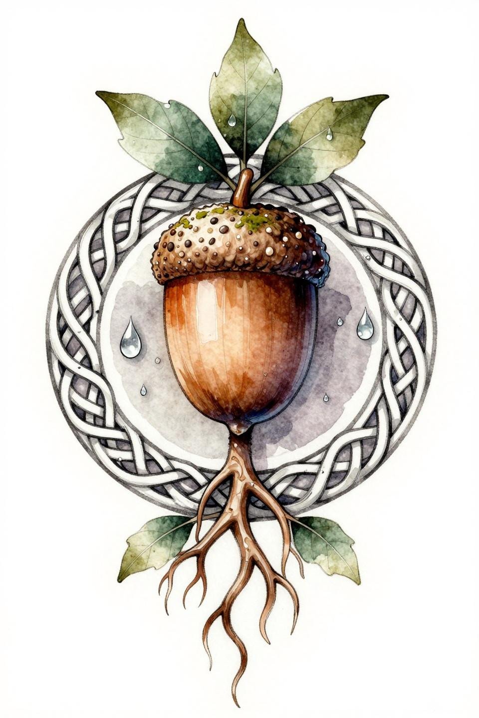 whimsical earthy tattoo flash, Celtic knotwork mandala style, moss acorn interlocking concentric rings underground root system knotwork dewdrops, calligraphic brush ink soft sage ochre dusty mauve watercolor