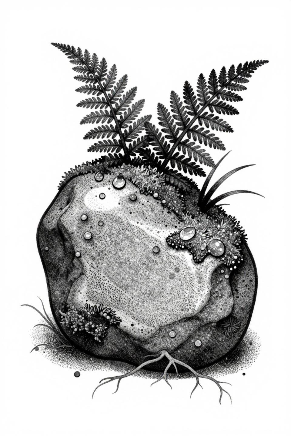 ethereal earthy tattoo flash, blackwork dotwork style, moss-covered river stone sprouting fern fronds dewdrops stippled moss circles curling roots, pure stipple zero linework outlines dense dot clusters open highlight spacing grey wash dot gradients