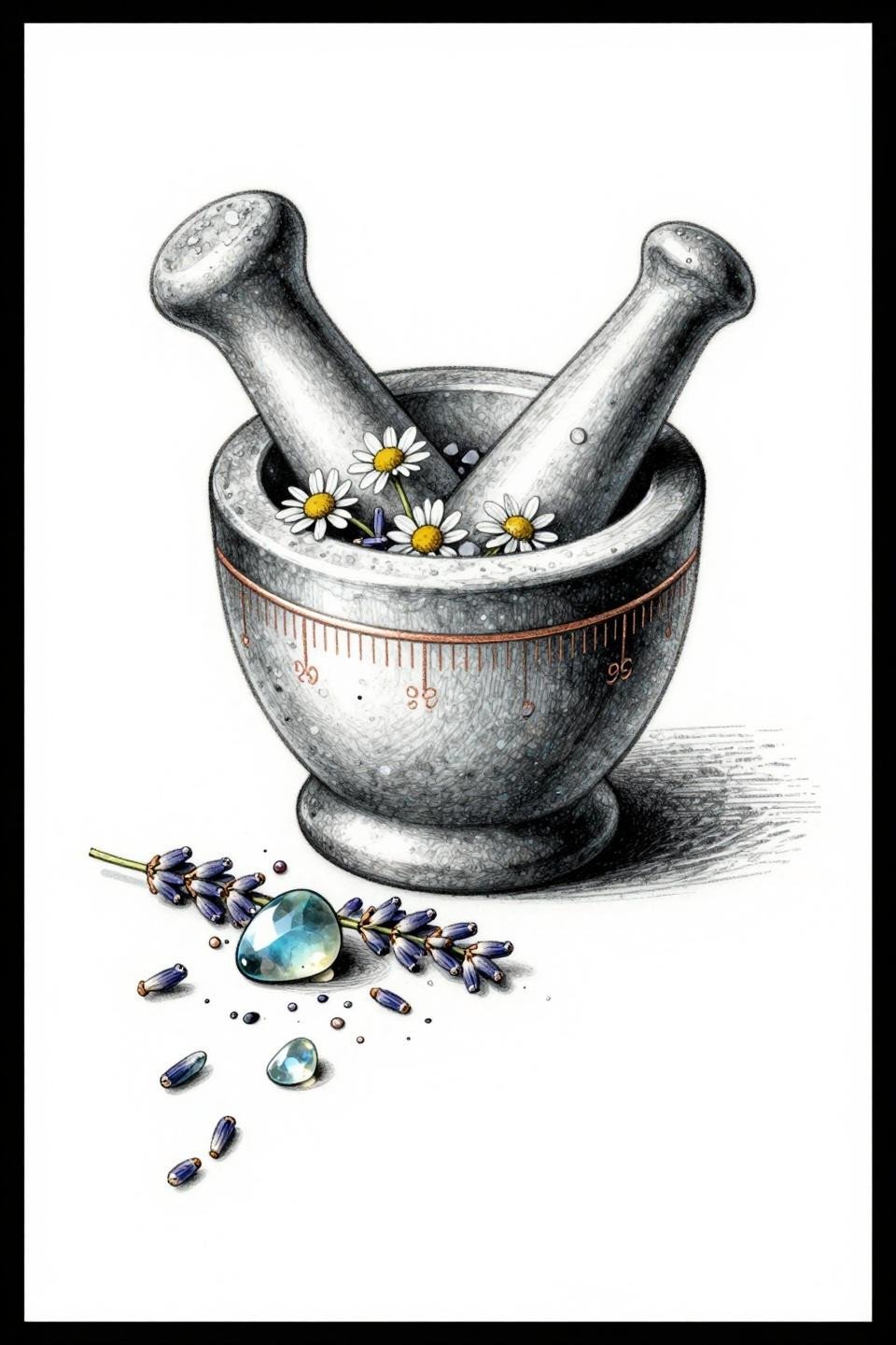 small earthy tattoo flash, fine line single needle botanical, mortar with chamomile lavender, hairline 0.5mm strokes, deep teal copper accent ink