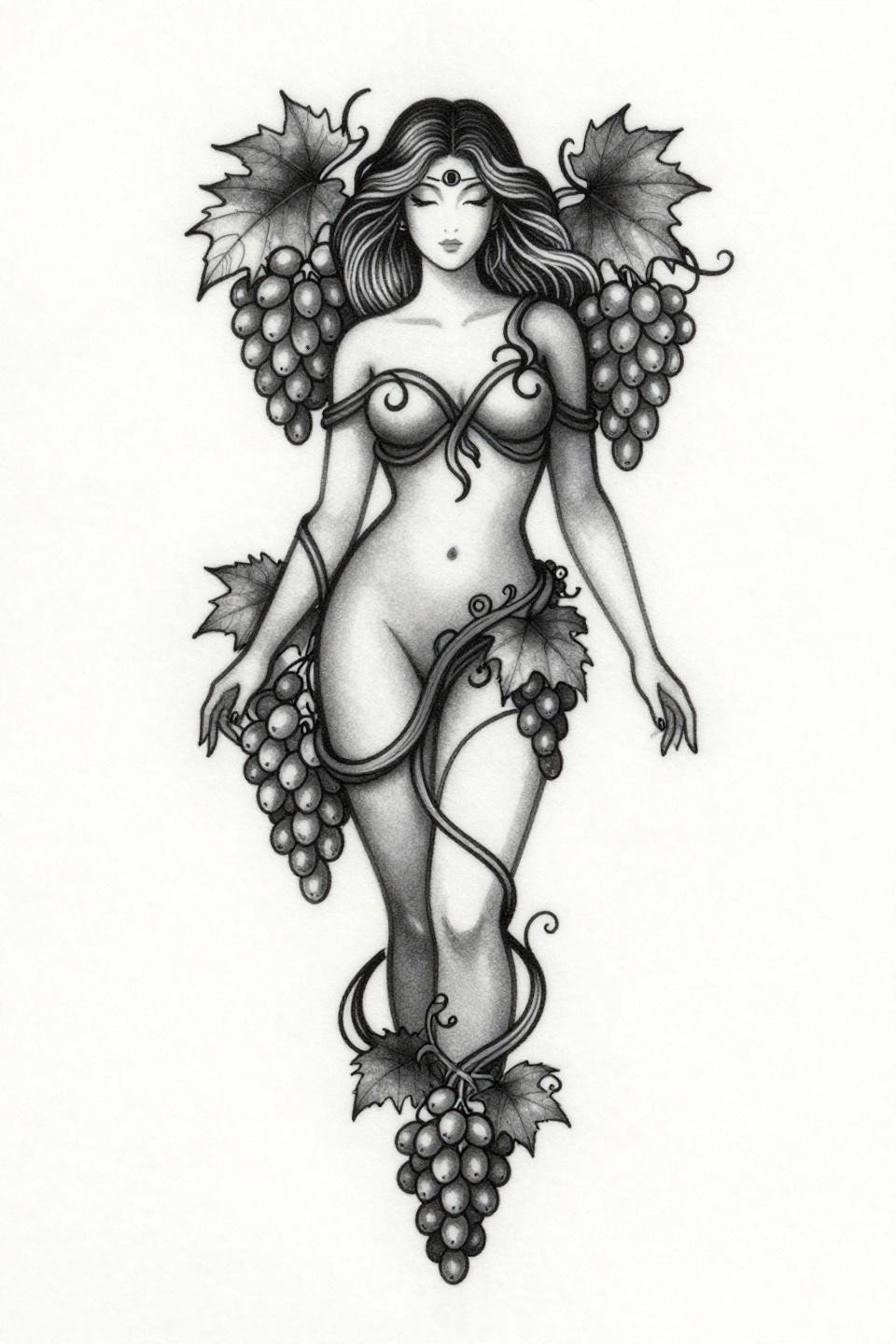 hippie earthy tattoo flash, single continuous line style, goddess silhouette grape vine intertwining hair grape bunches third eye forehead, unbroken hairline linework bilateral symmetry grey wash midtones