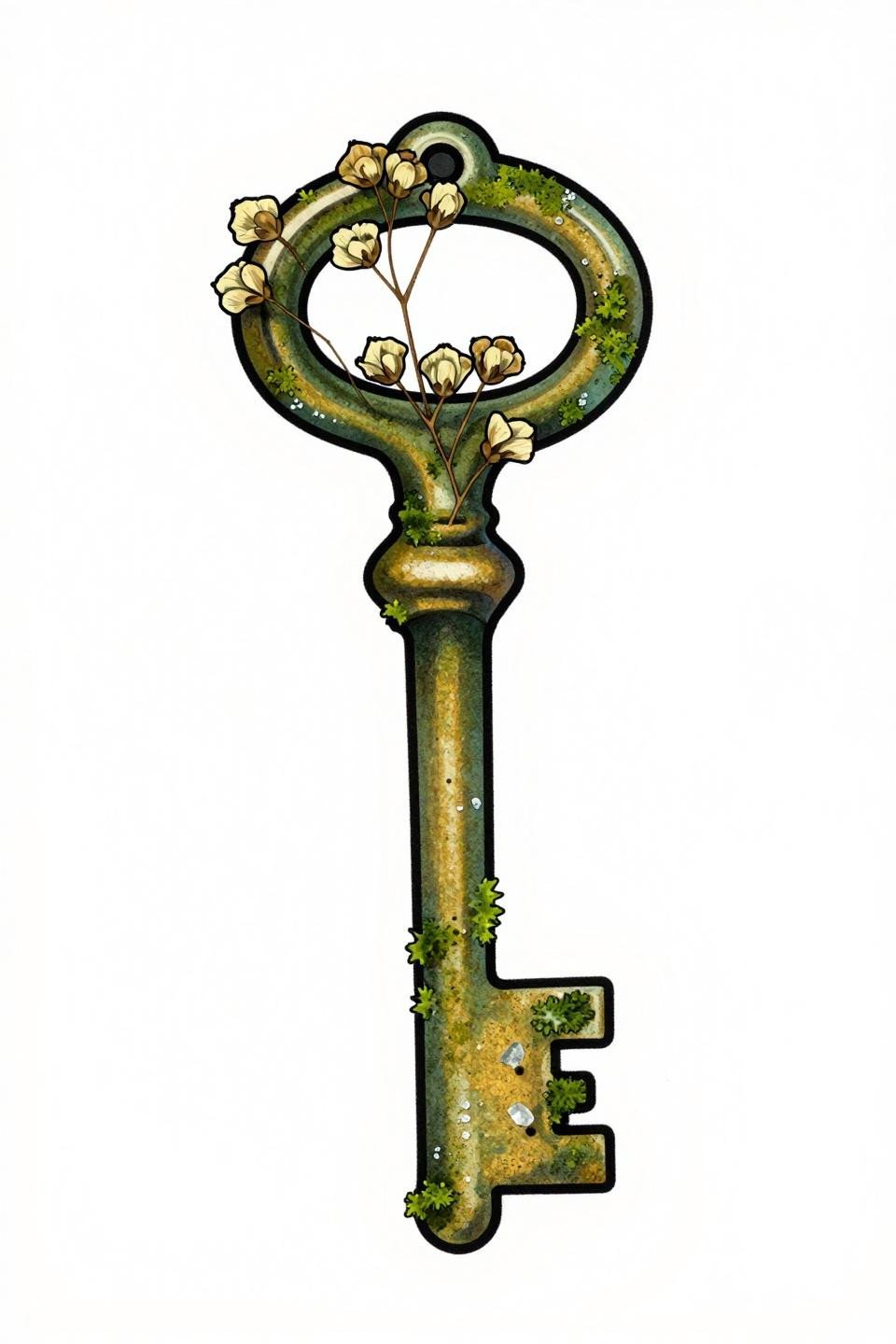 earthy tattoo ideas flash, neo-traditional style, antique skeleton key dried baby's breath flowers stems woven through shaft moss crystalline salt deposits, bold 2-3pt outlines flat forest green gold palette asymmetric organic flow