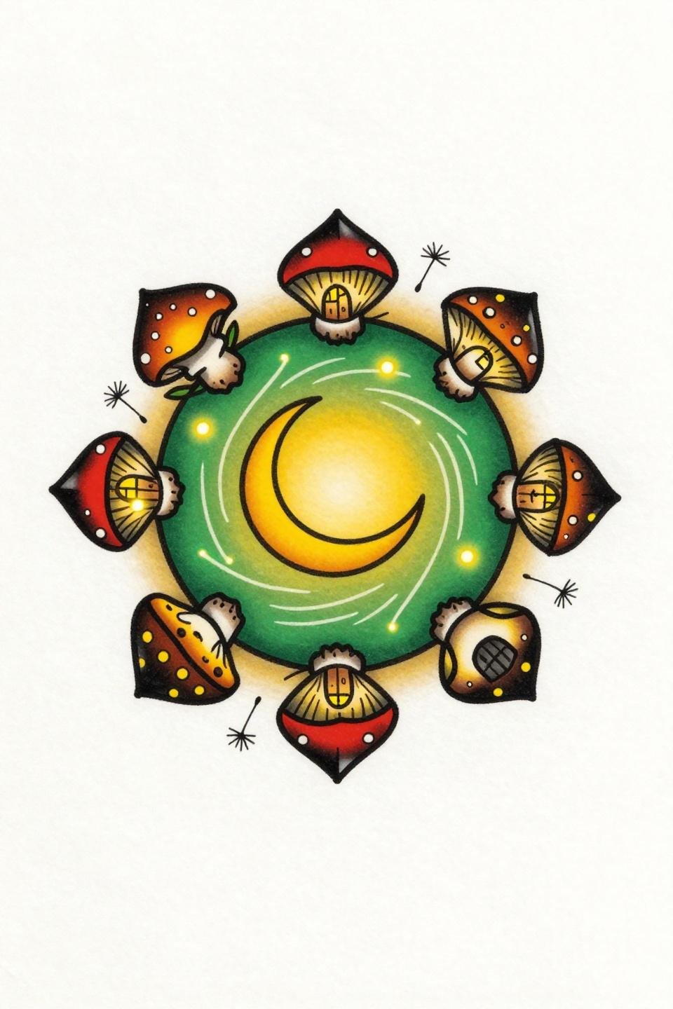 whimsical earthy tattoo flash, old school sailor style, circular toadstool mandala, bold 3pt outlines, flat cadmium red and forest green fills, fireflies
