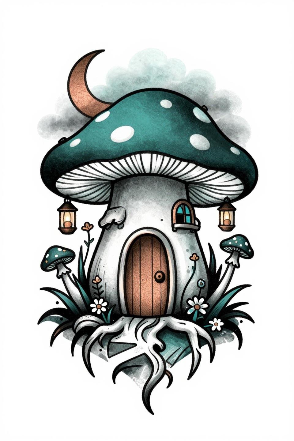 whimsigoth earthy tattoo flash, art deco style, anthropomorphic mushroom cottage round door scattered toadstools crescent moon fog canopy hanging lantern, bold outlines deep teal copper metallic flat fills