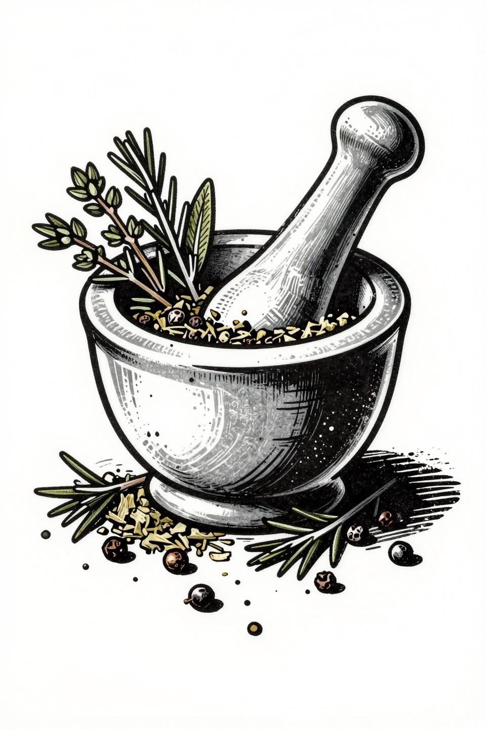 earthy nature tattoo flash, linocut woodcut style, mortar pestle dried herbs peppercorns thyme rosemary sage, chunky bold outlines high density shadow fields grey wash midtones