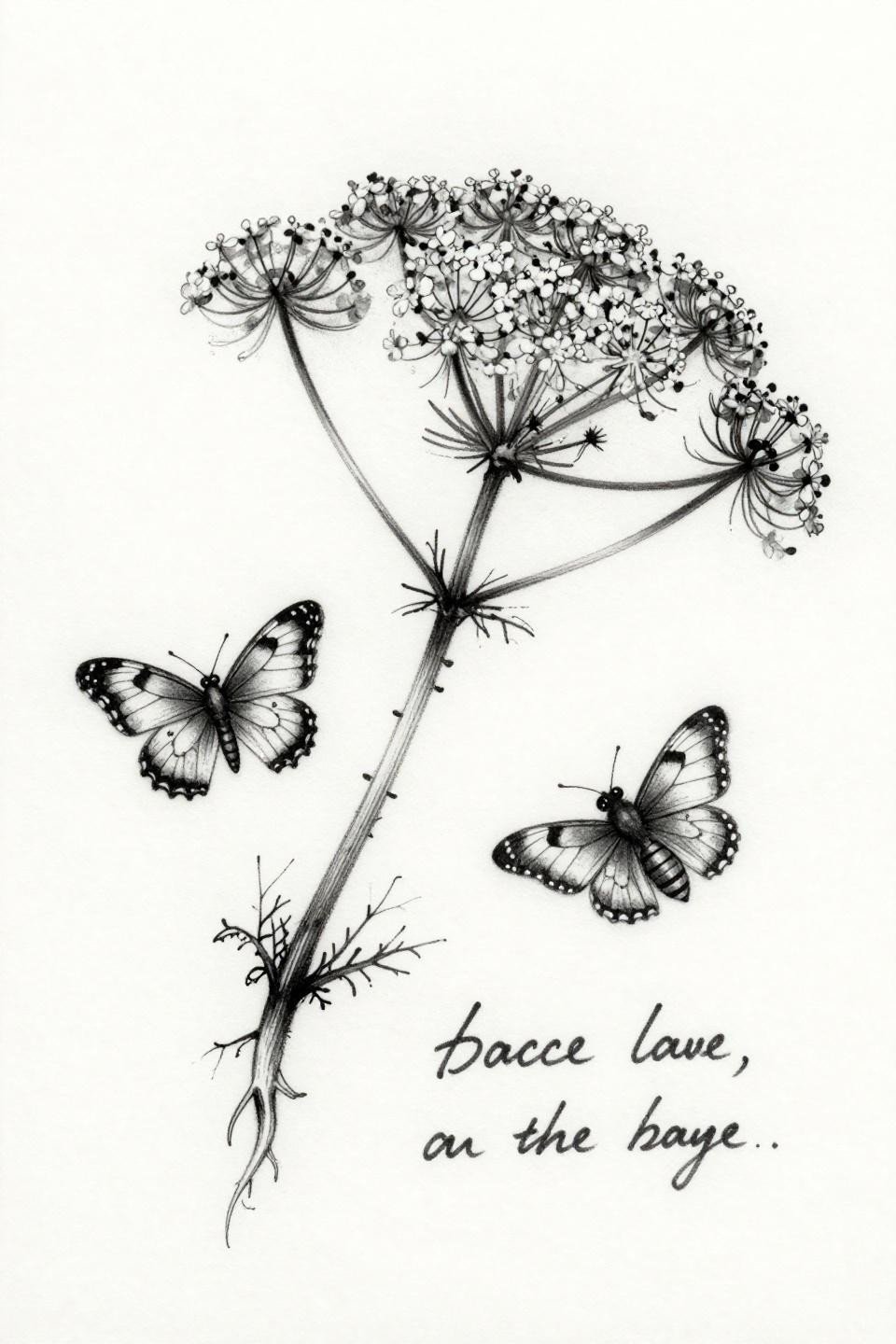 boho earthy tattoo flash, sketch raw style, dried yarrow Queen Anne's lace asymmetric scatter root tracings Latin binomial annotations butterfly bee fine line, hairline 0.5mm strokes grey wash midtones