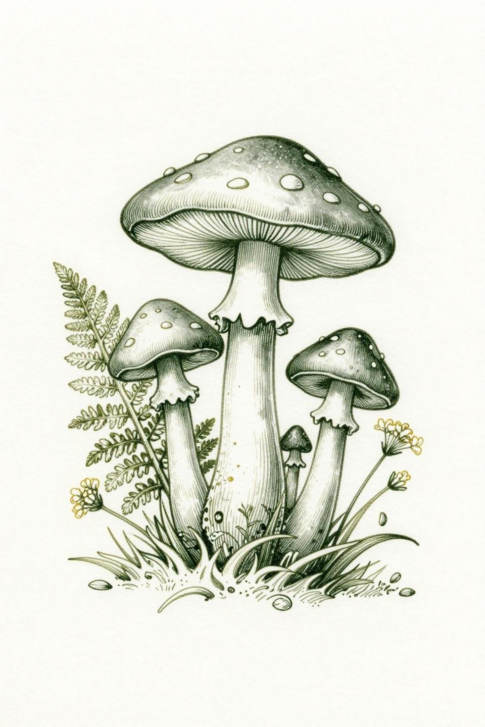 earthy hippie tattoo flash, botanical scientific style, mushroom cluster spotted caps fern fronds wildflower blooms asymmetric organic arrangement, fine line etching hairline 0.5mm crosshatch parallel shadows forest green gold ink